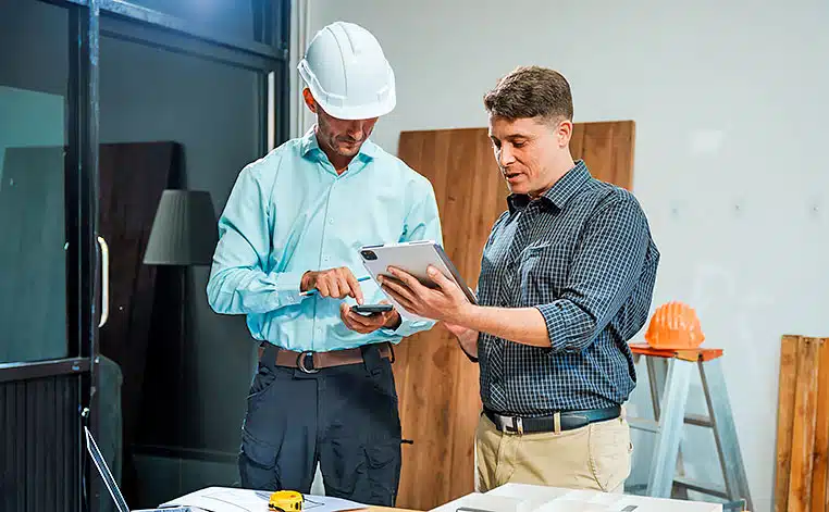 Two men discussing plans in office